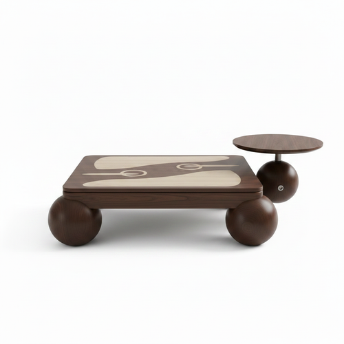 Pryselle coffee table set in a straight front view with walnut and cream inlay