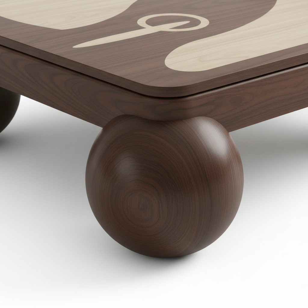Pryselle coffee table rounded walnut leg and tabletop connection detail