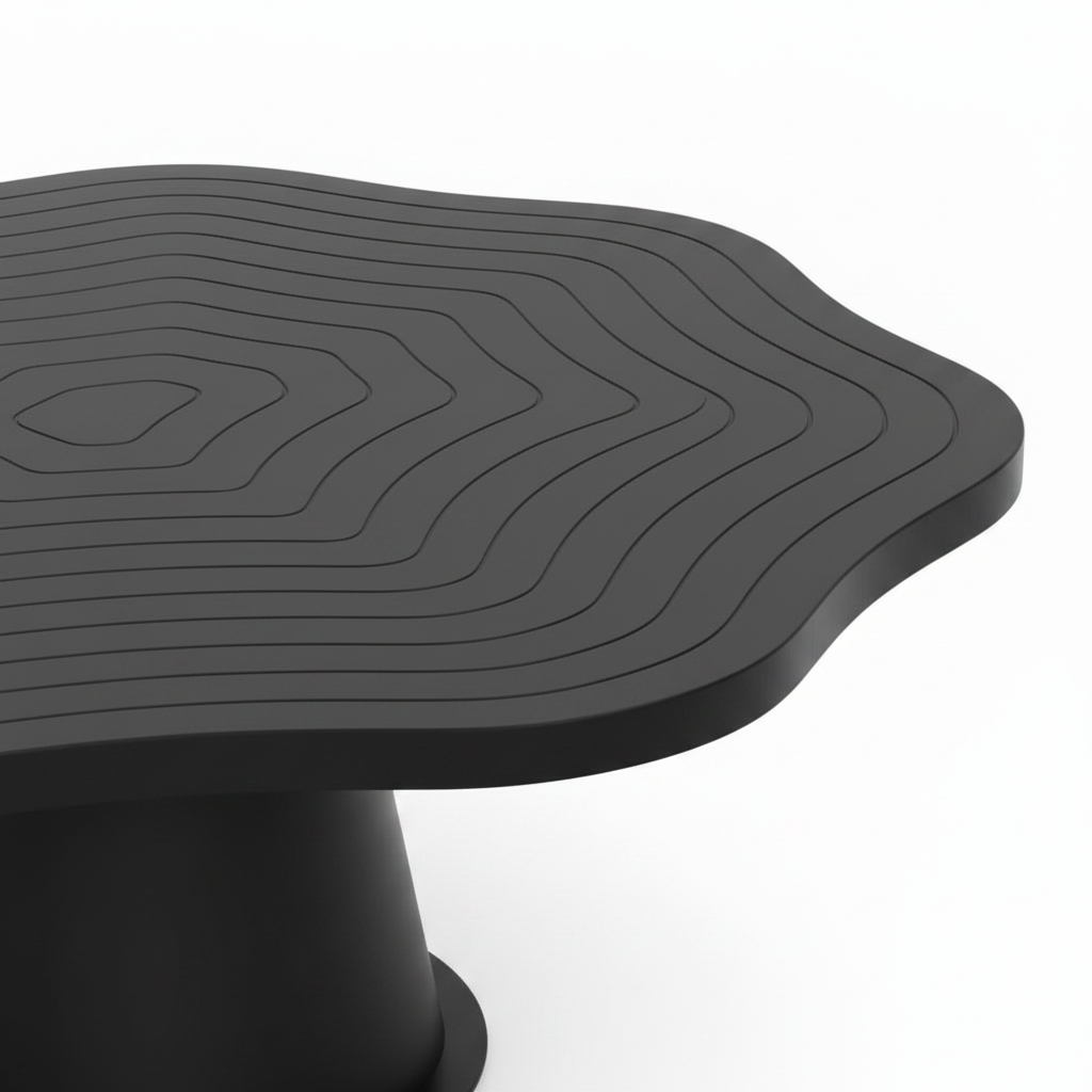 Quavaro black coffee table sculpted woodgrain tabletop edge detail