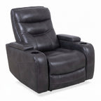 Roussane Power Leather Accent Chair three-quarter front view showing black leather upholstery and padded arms on a white background