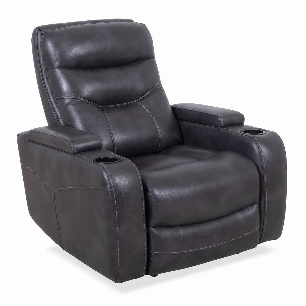 Roussane Power Leather Accent Chair three-quarter front view showing black leather upholstery and padded arms on a white background