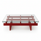 Rovenza Coffee Table clear glass top and red wood frame, straight front view