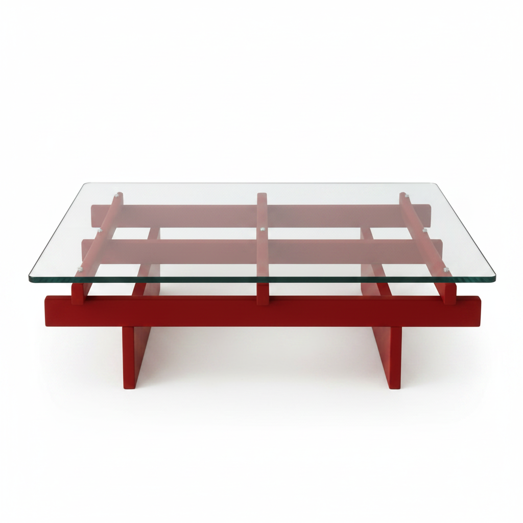 Rovenza Coffee Table clear glass top and red wood frame, straight front view