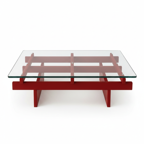 Rovenza Coffee Table clear glass top and red wood frame, straight front view
