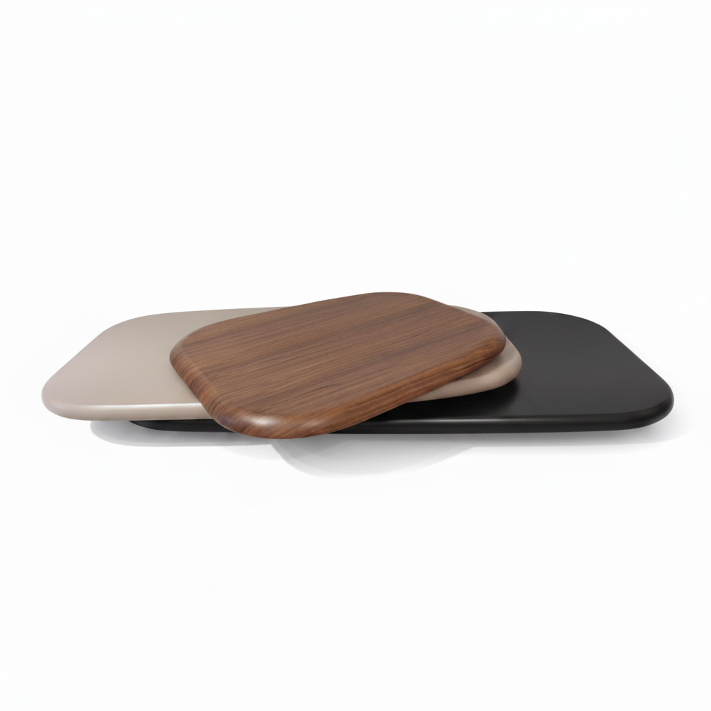 Rovique coffee table in a straight front view with black, ivory, and wood layers
