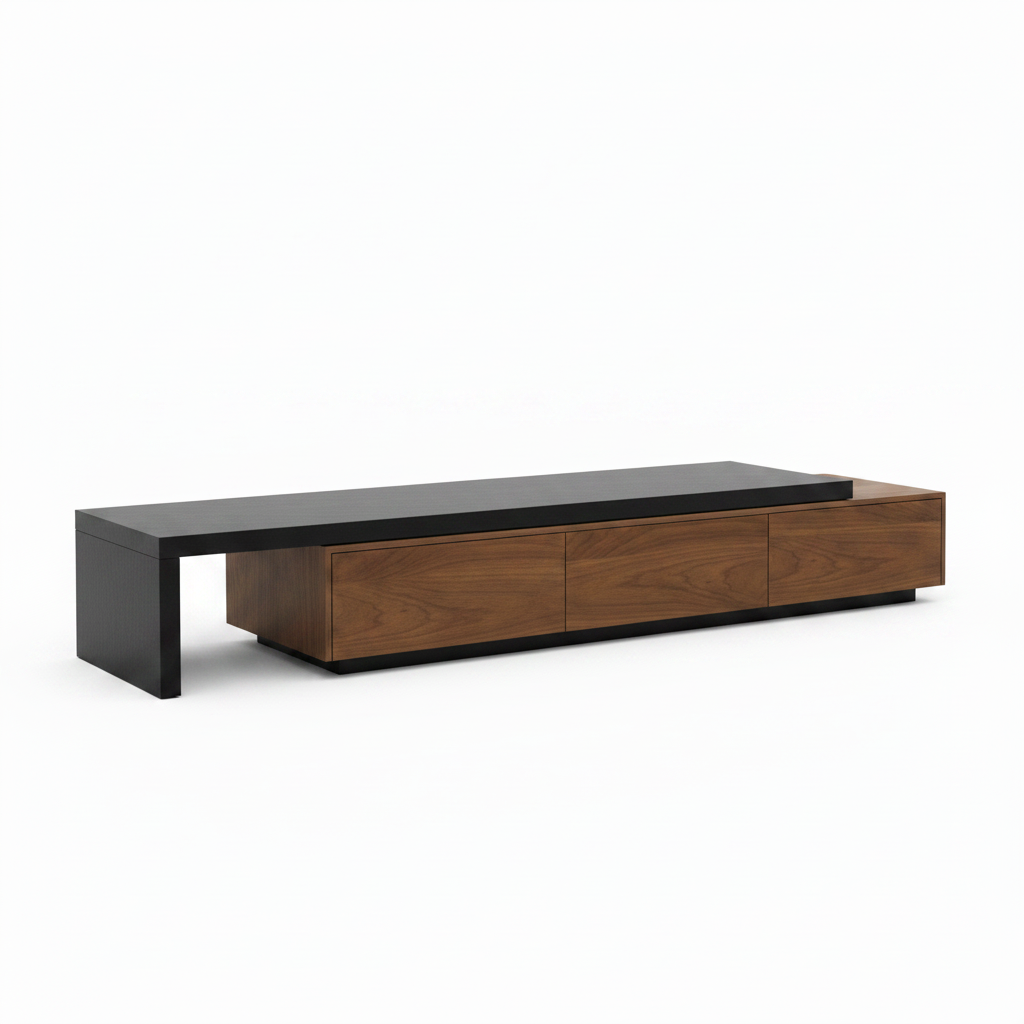 Sarvienne Coffee Table, left-near right-far 45-degree view with charcoal top and brown wood cabinet