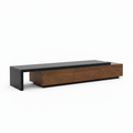 Sarvienne Coffee Table, left-near right-far 45-degree view with charcoal top and brown wood cabinet