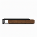 Sarvienne Coffee Table, straight-on front view with charcoal top, black support and brown wood cabinet
