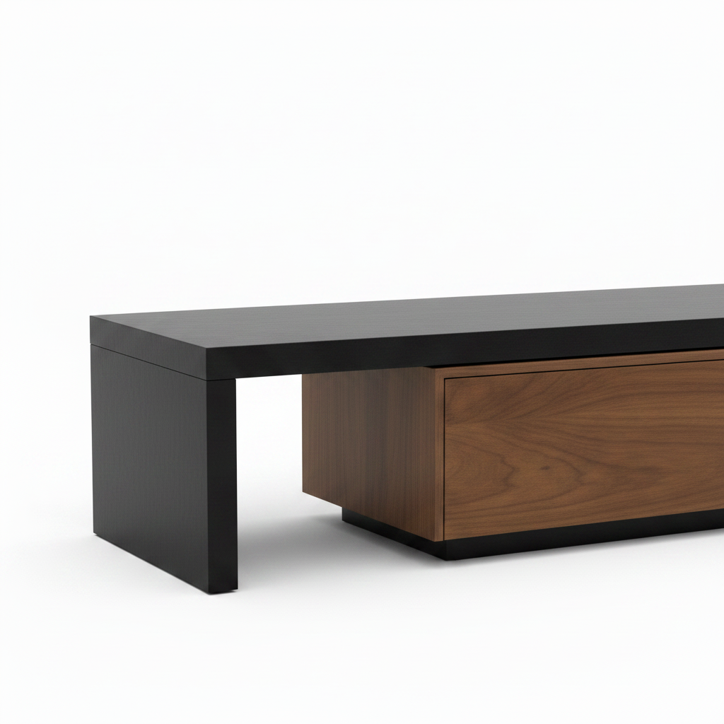Sarvienne Coffee Table detail of left black open support, charcoal tabletop edge and brown cabinet