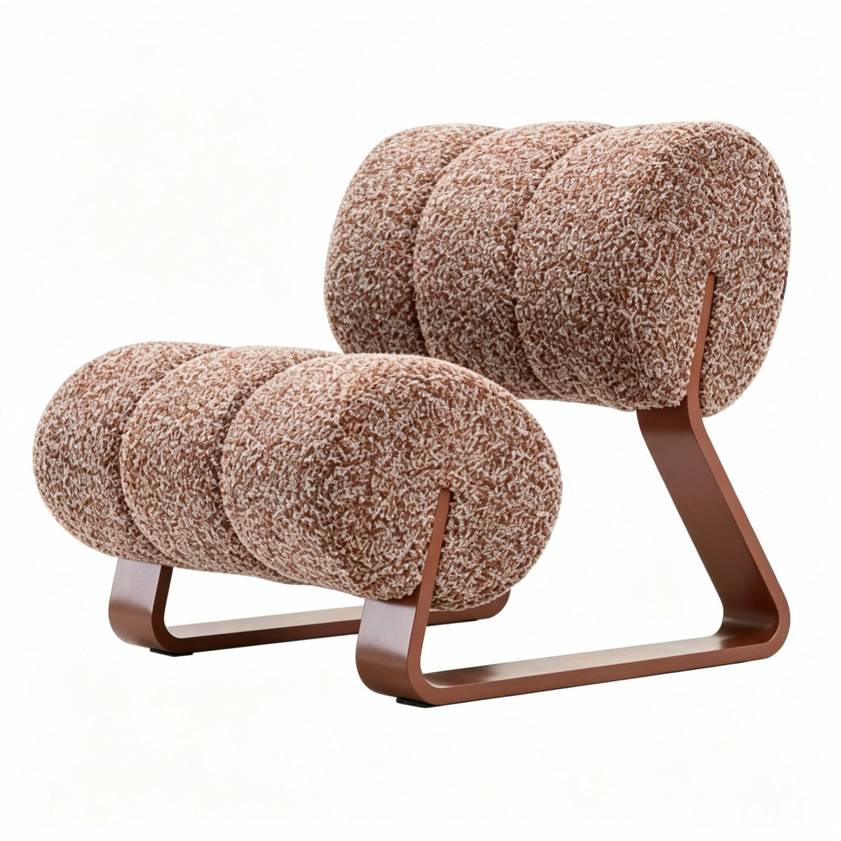Savero Accent Chair in textured fabric with curved cushions and brown metal sled base on a white background.