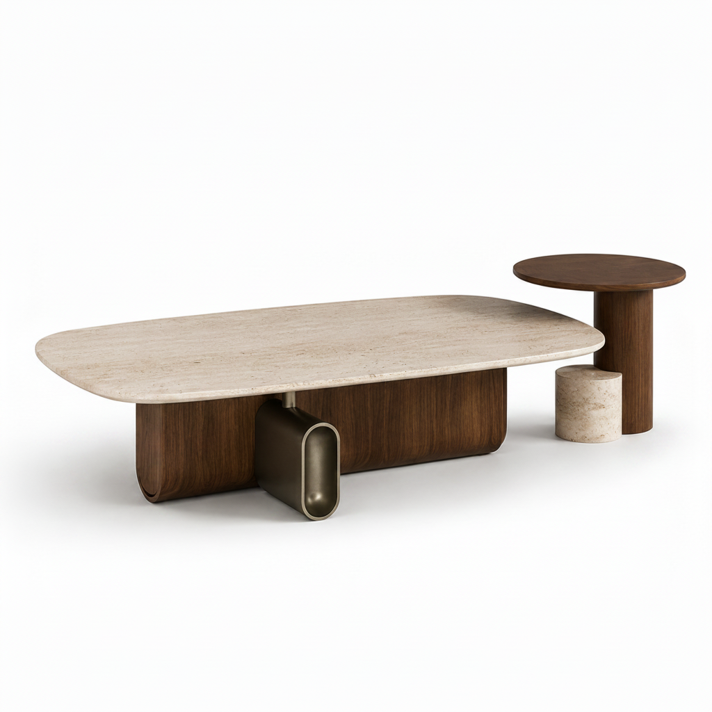 Solvane Leather Coffee Table with travertine marble top, dark walnut wood base with brass accent, paired with matching side table and marble stool