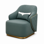 Talmere Accent Chair three-quarter view showing the leather upholstery, solid wood frame, and wood veneer details