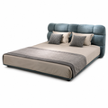 Tavelin Wood Bed blue upholstered bed, three-quarter view with footboard lower left and headboard upper right on a white background