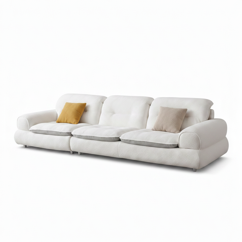 Tervano Sofa in white fabric, complete right-front 45-degree view, closer framing