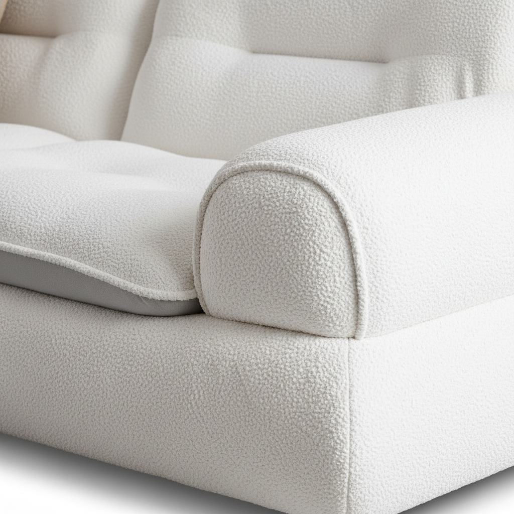 Tervano Sofa white fabric rounded armrest seam and side detail