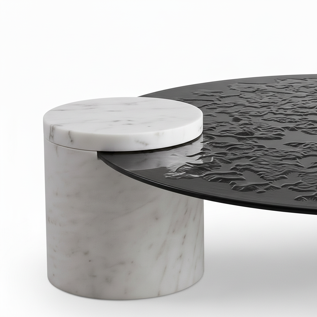 Valdessa Coffee Table white stone support and tabletop connection detail