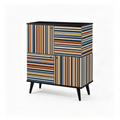 Viva Sideboard with multicolor striped panels, black top, and tapered legs on a white background.