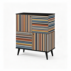 Viva Sideboard with multicolor striped panels, black top, and tapered legs on a white background.