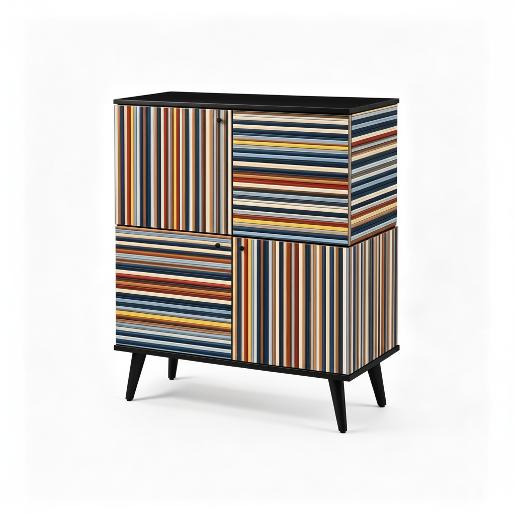 Viva Sideboard with multicolor striped panels, black top, and tapered legs on a white background.