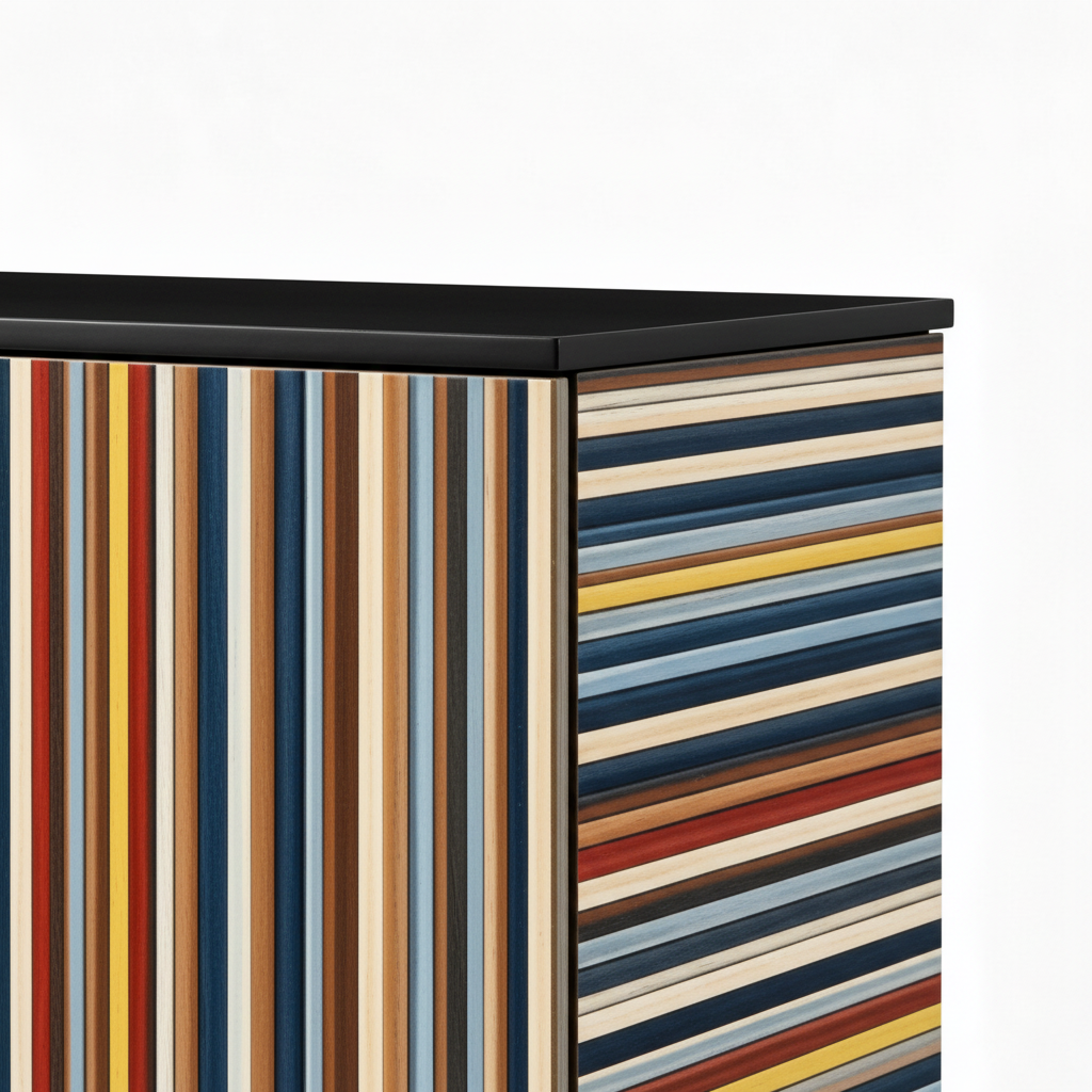 Viva Sideboard Close-up of Viva Sideboard black top edge, striped panels, and cabinet corner on white.