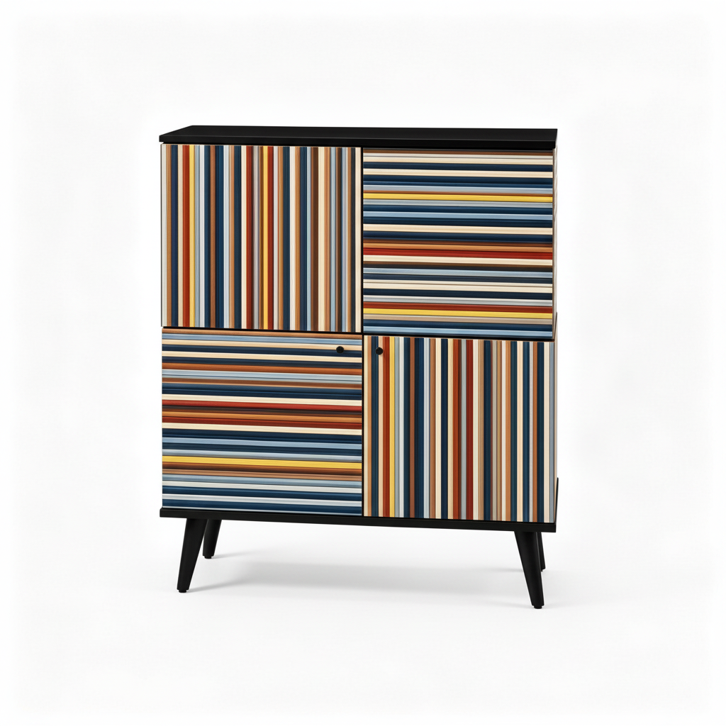 Viva Sideboard shown straight on with multicolor striped cabinet panels and black tapered legs on white.