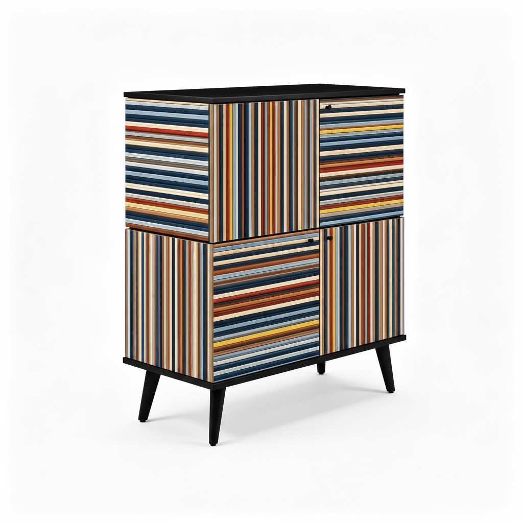 Viva Sideboard viewed from the left front, showing the striped cabinet side and black tapered legs on white.