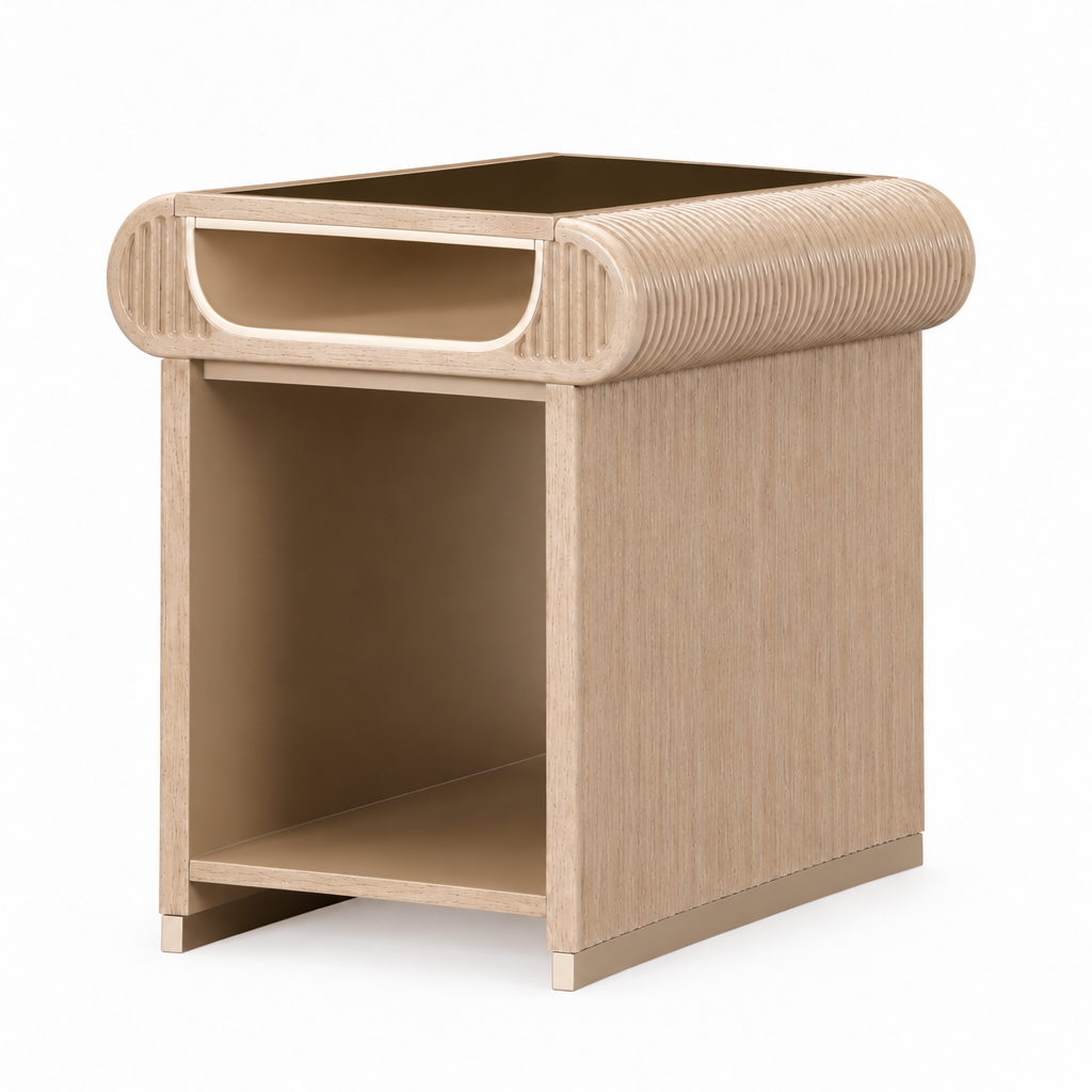 West Kensington wood and glass end table, left-front 45-degree view on a white background