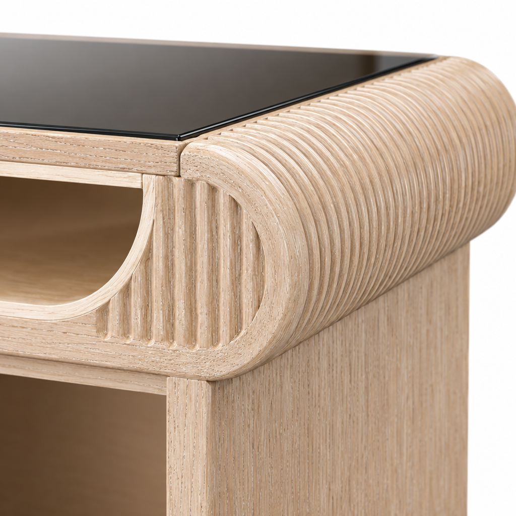 West Kensington End Table close-up of rounded ribbed wood detailing and dark glass tabletop