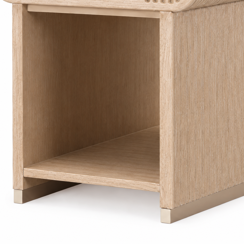 West Kensington End Table close-up of open storage shelf and light wood grain