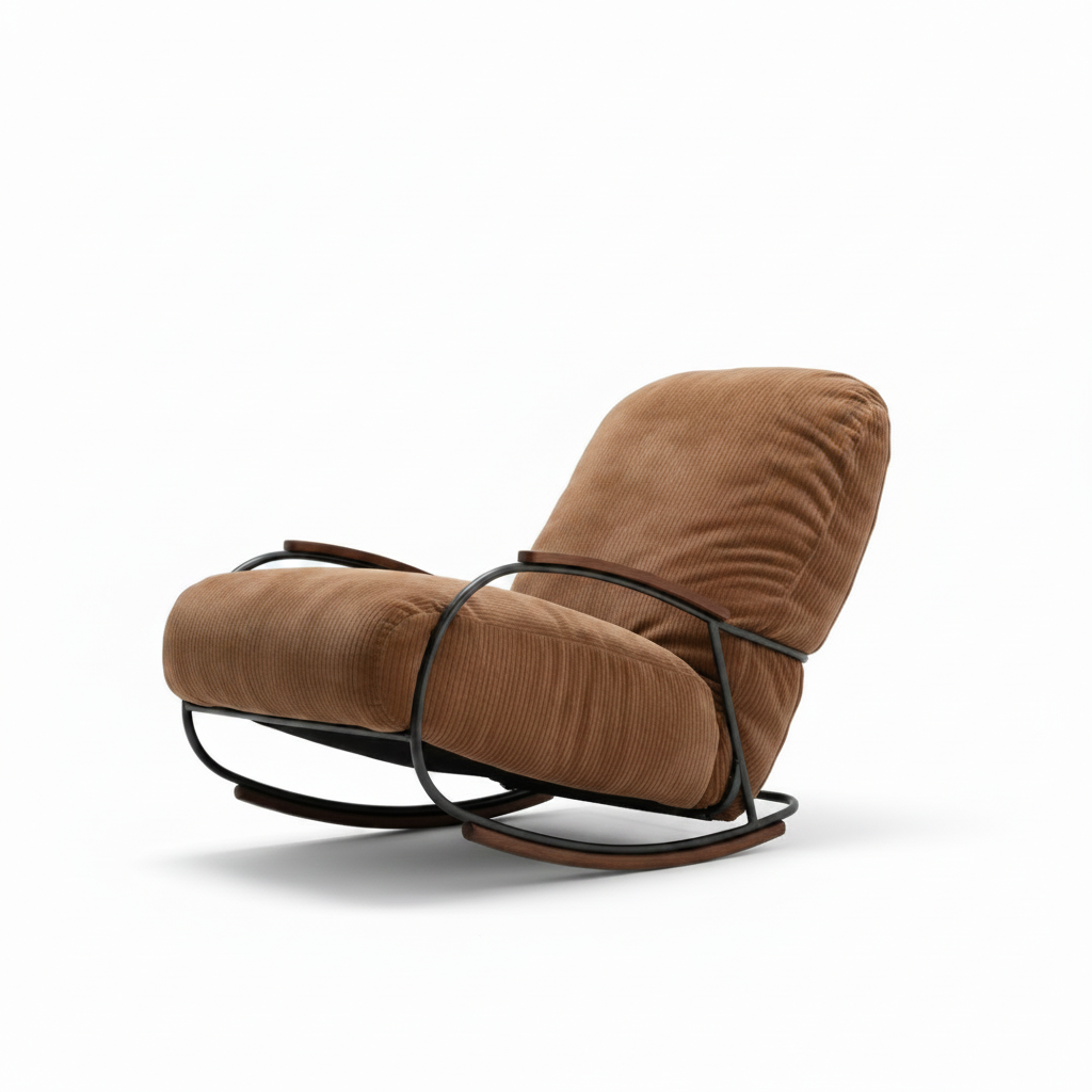 Wrenaro Accent Chair with fabric upholstery, black frame, and wooden rocking base on a white background.