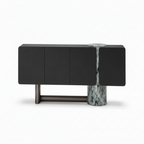 Wrenford Sideboard front view showing the black cabinet, central stone column, metal crossbar, and cylindrical legs on a white background.