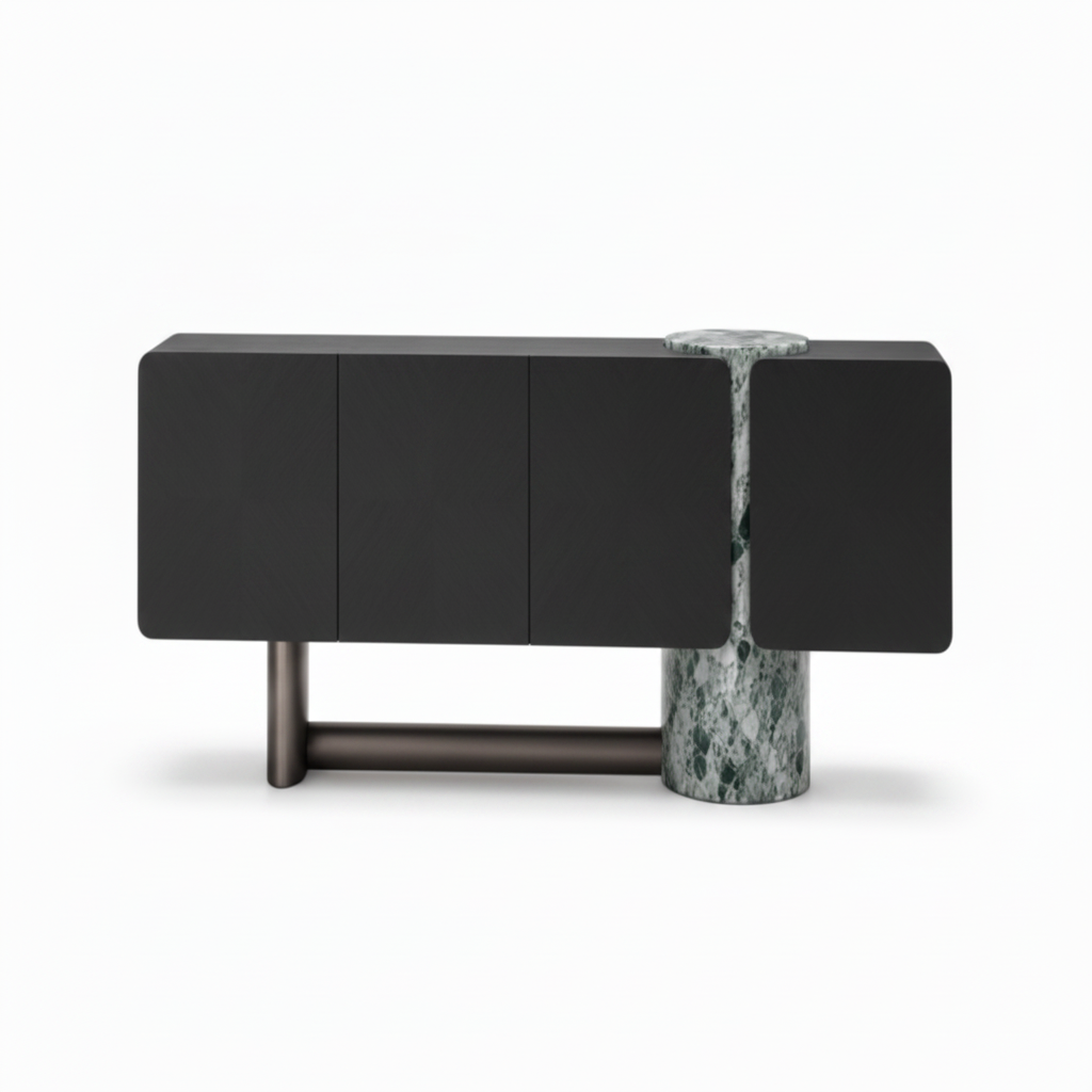 Wrenford Sideboard front view showing the black cabinet, central stone column, metal crossbar, and cylindrical legs on a white background.