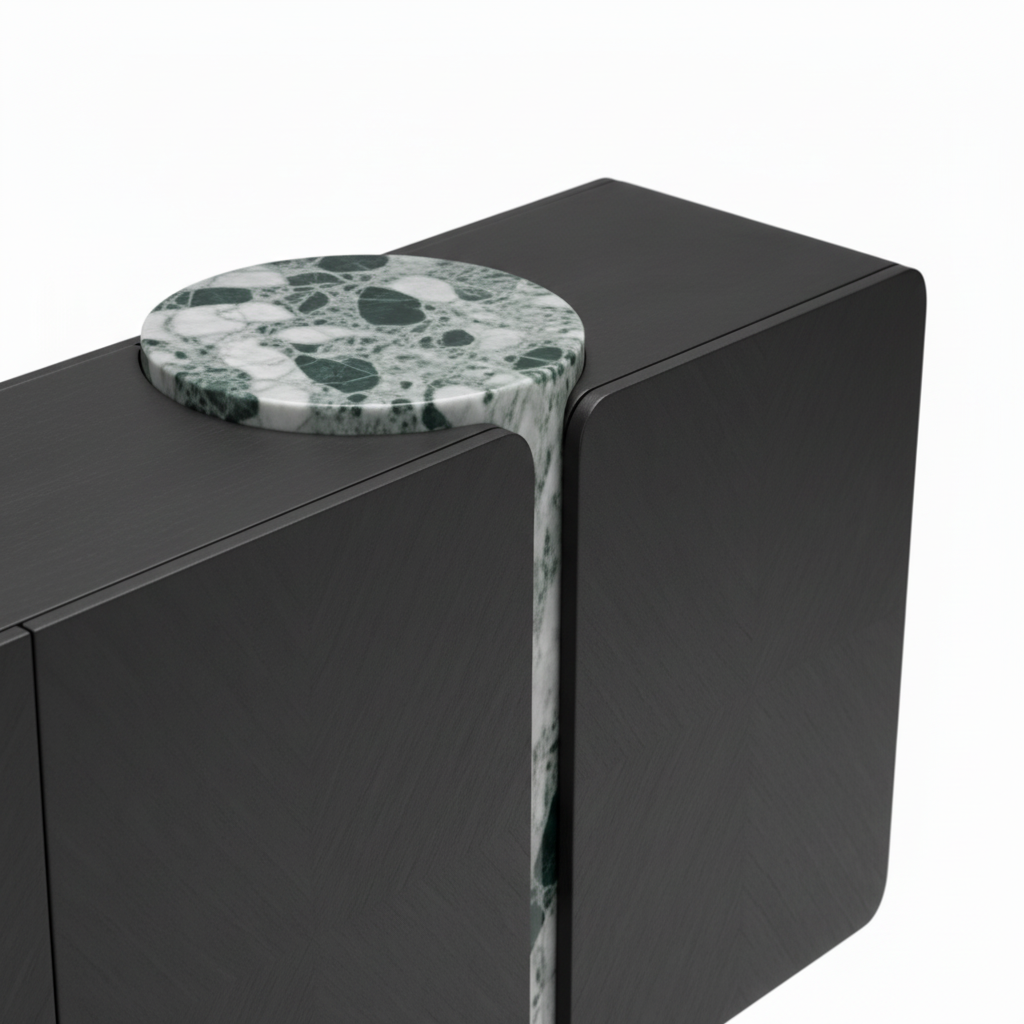 Wrenford Sideboard Close-up of the Wrenford Sideboard top surface, central stone detail, and black cabinet edge.
