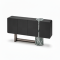 Wrenford Sideboard left side view showing the black cabinet, central stone column, metal crossbar, and cylindrical legs on a white background.