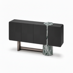Wrenford Sideboard left side view showing the black cabinet, central stone column, metal crossbar, and cylindrical legs on a white background.