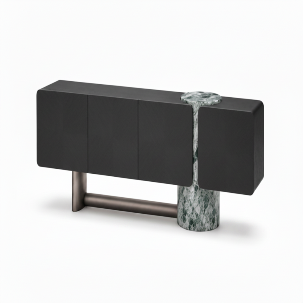 Wrenford Sideboard left side view showing the black cabinet, central stone column, metal crossbar, and cylindrical legs on a white background.