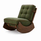 Xylaro Accent Chair upholstered green fabric chair with tufted backrest, wood base, and leather straps on a white background