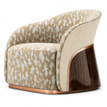 Zevrane Accent Chair three-quarter view showing the upholstered seat, curved backrest, and rose gold base