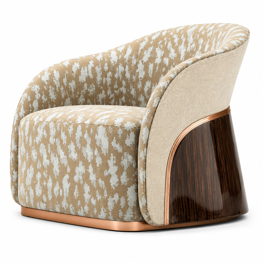 Zevrane Accent Chair three-quarter view showing the upholstered seat, curved backrest, and rose gold base