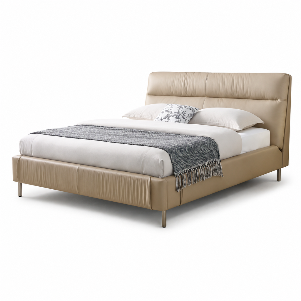 Zorvain Bed three-quarter view with footboard left foreground and headboard right background on a white background