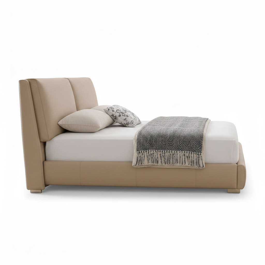 Alcott Bed left-side view with upholstered frame and headboard on a white background