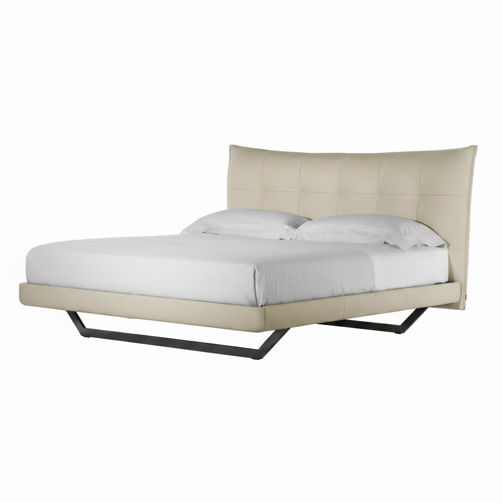 Amandelle Italian Leather Bed three-quarter view with footboard lower left and headboard upper right on a white background