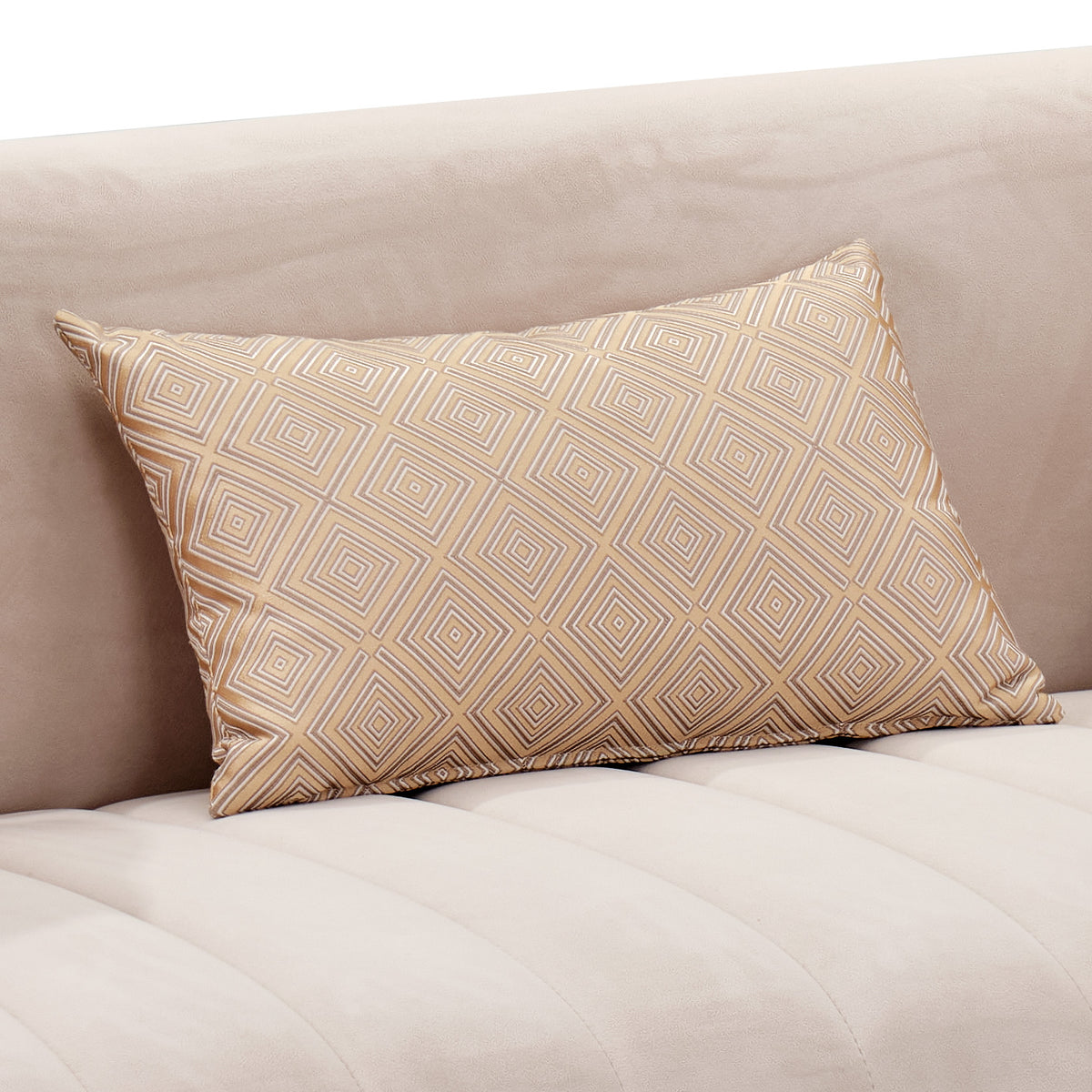 Ariana Sofa Beige Gold — seat and accent pillow detail