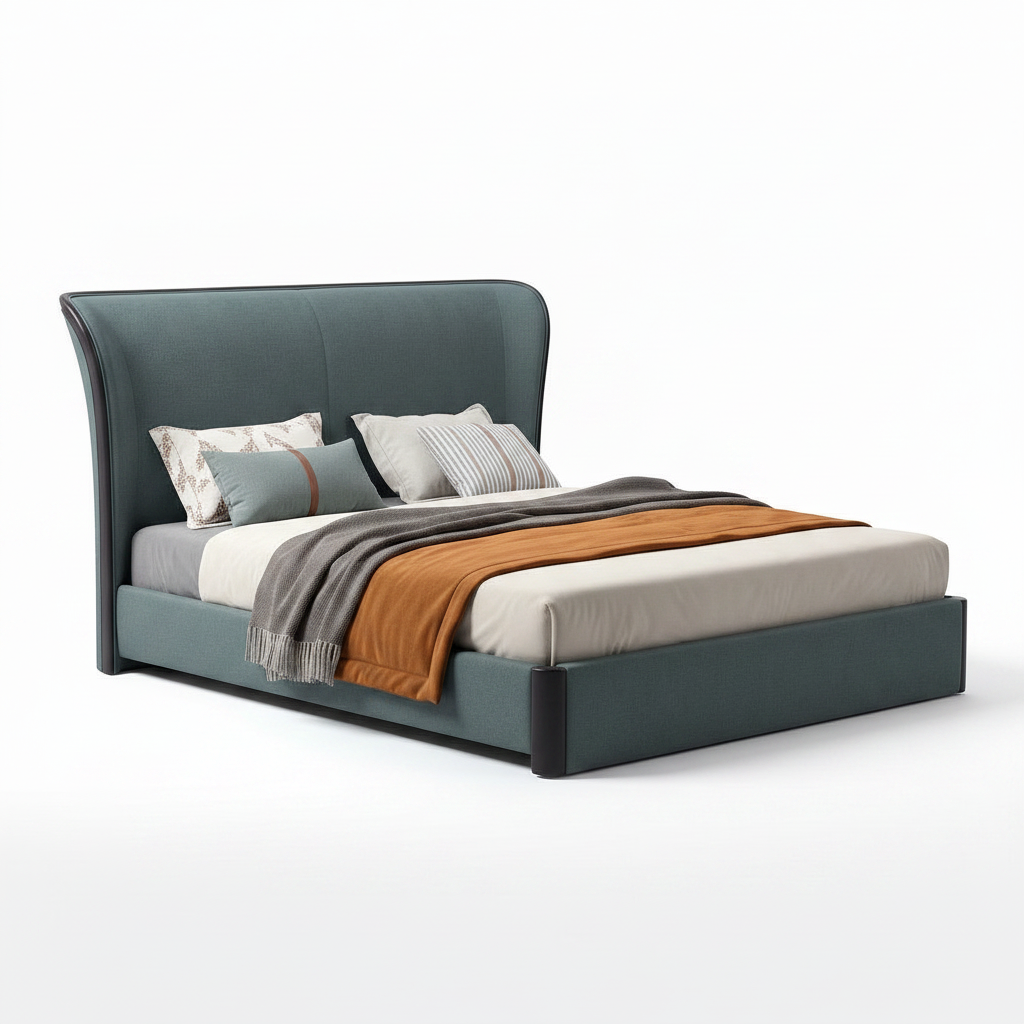 Avenoire Bed three-quarter view with footboard right foreground and headboard left background on a white background