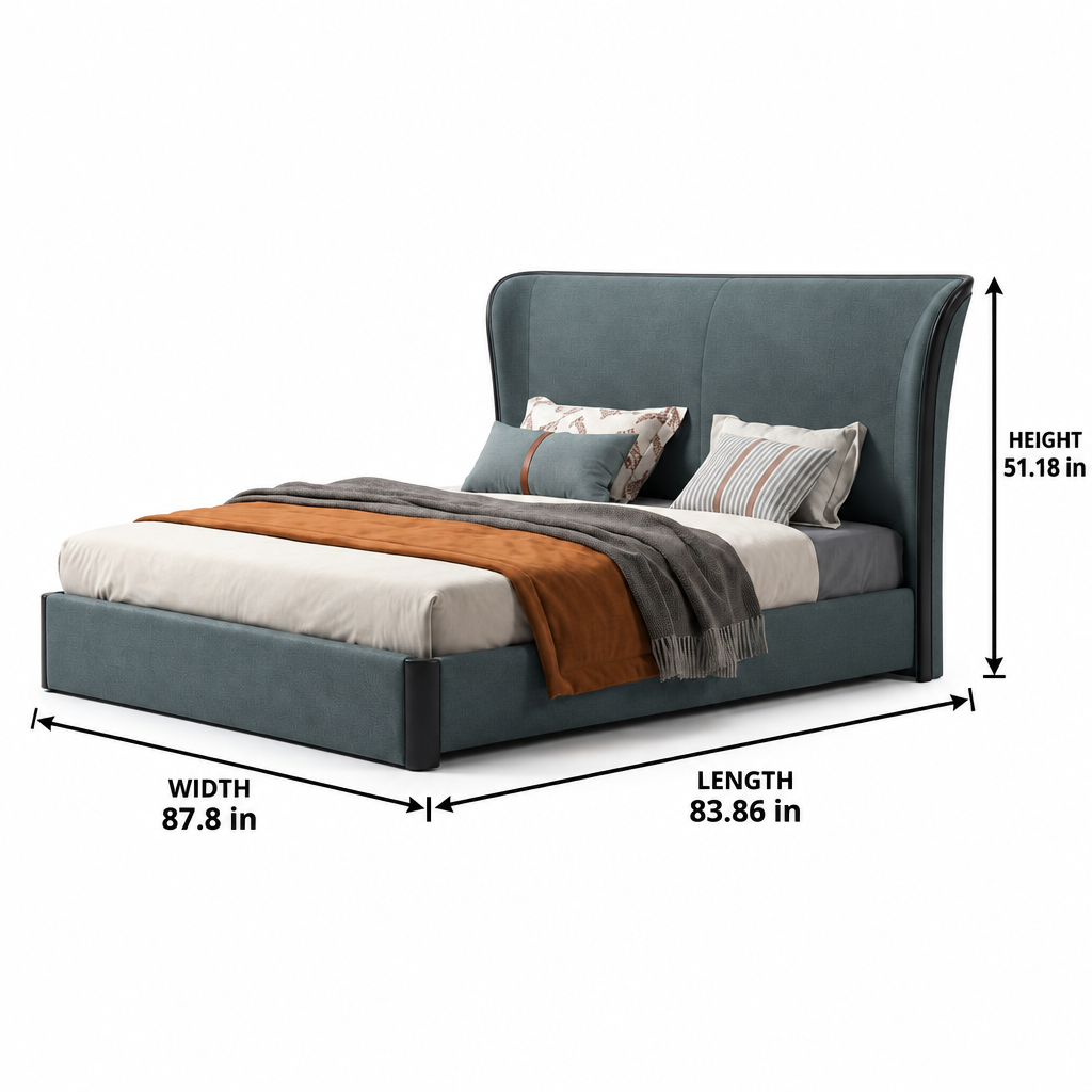 Avenoire Bed dimension diagram showing 83.86-inch length, 87.8-inch width, and 51.18-inch height.