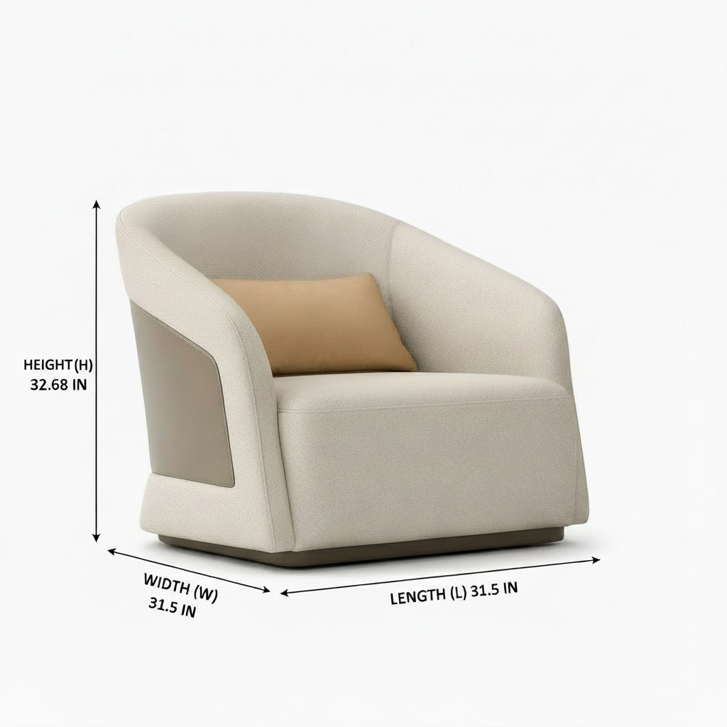 Bellacaire Accent Chair dimensions showing 31.5 inch width, 31.5 inch length, and 32.68 inch height