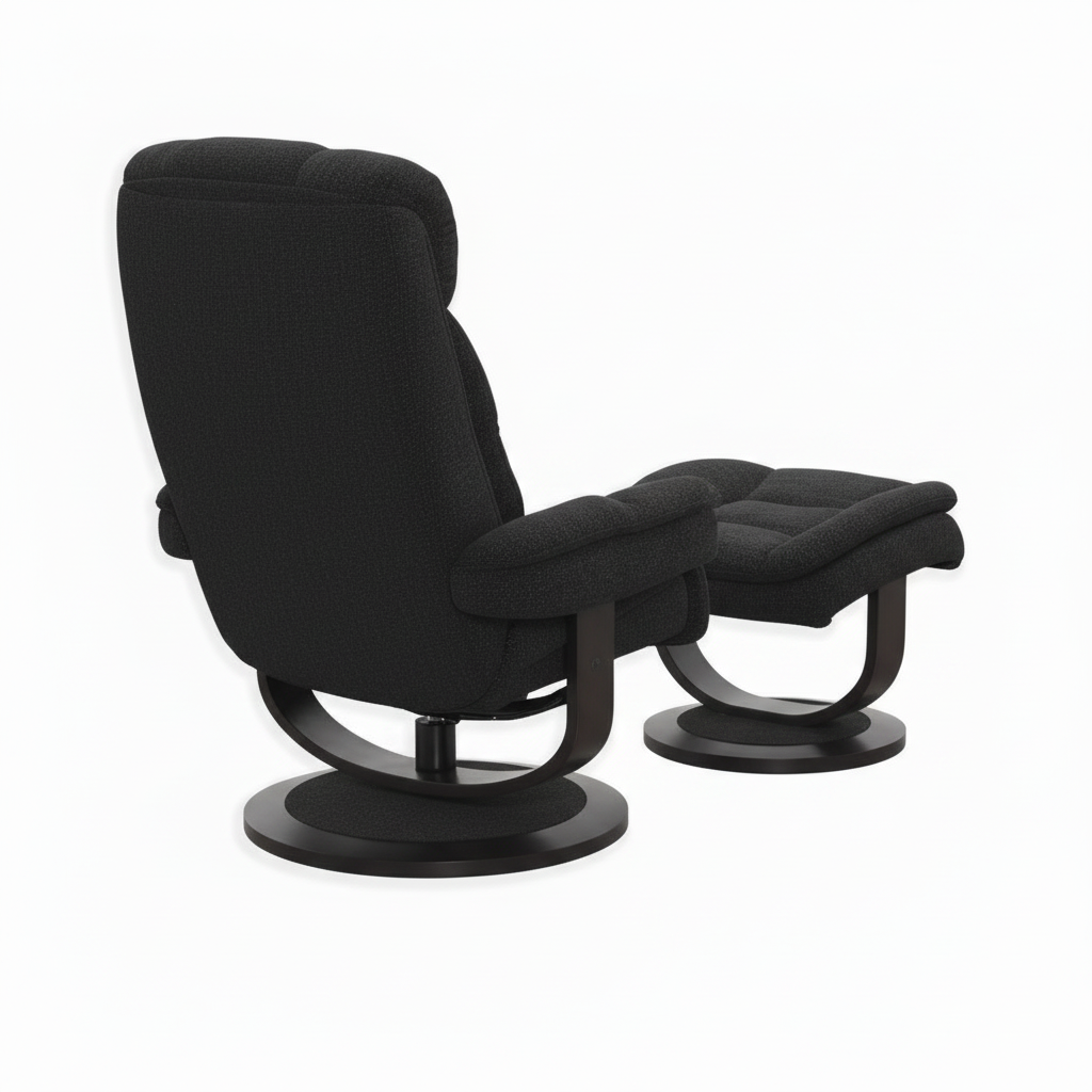 Black fabric Trevoux accent chair and matching ottoman showing the upholstered back, curved supports, and round bases, rear three-quarter view.