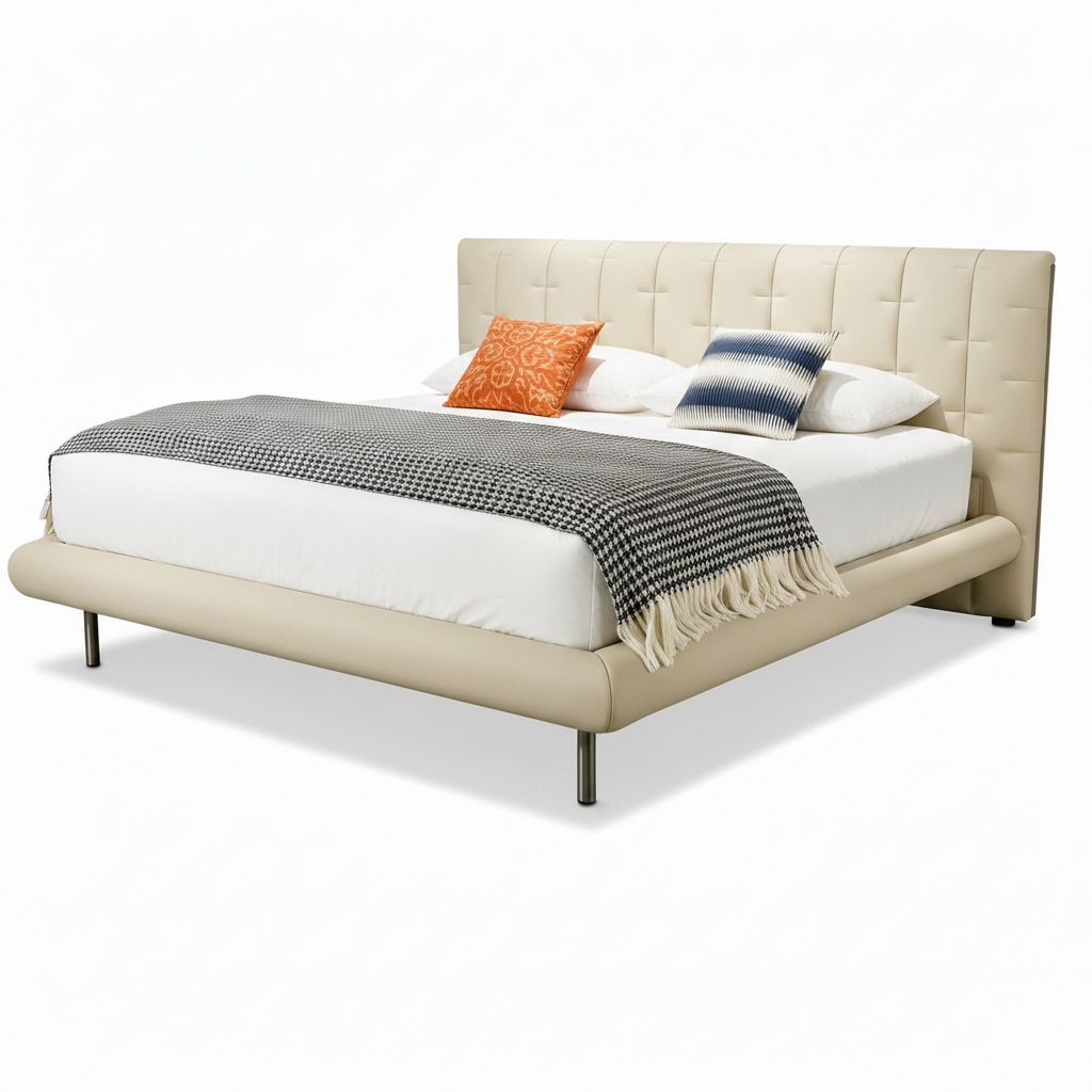 Bramwell Bed diagonal view with footboard toward the lower left and headboard toward the upper right, original white bedding and patterned throw on a white background