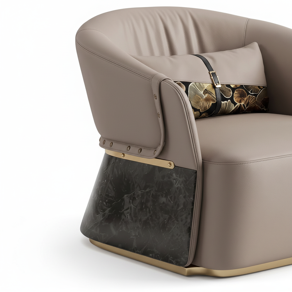 Brevane Accent Chair close-up showing the side panel and gold trim detail