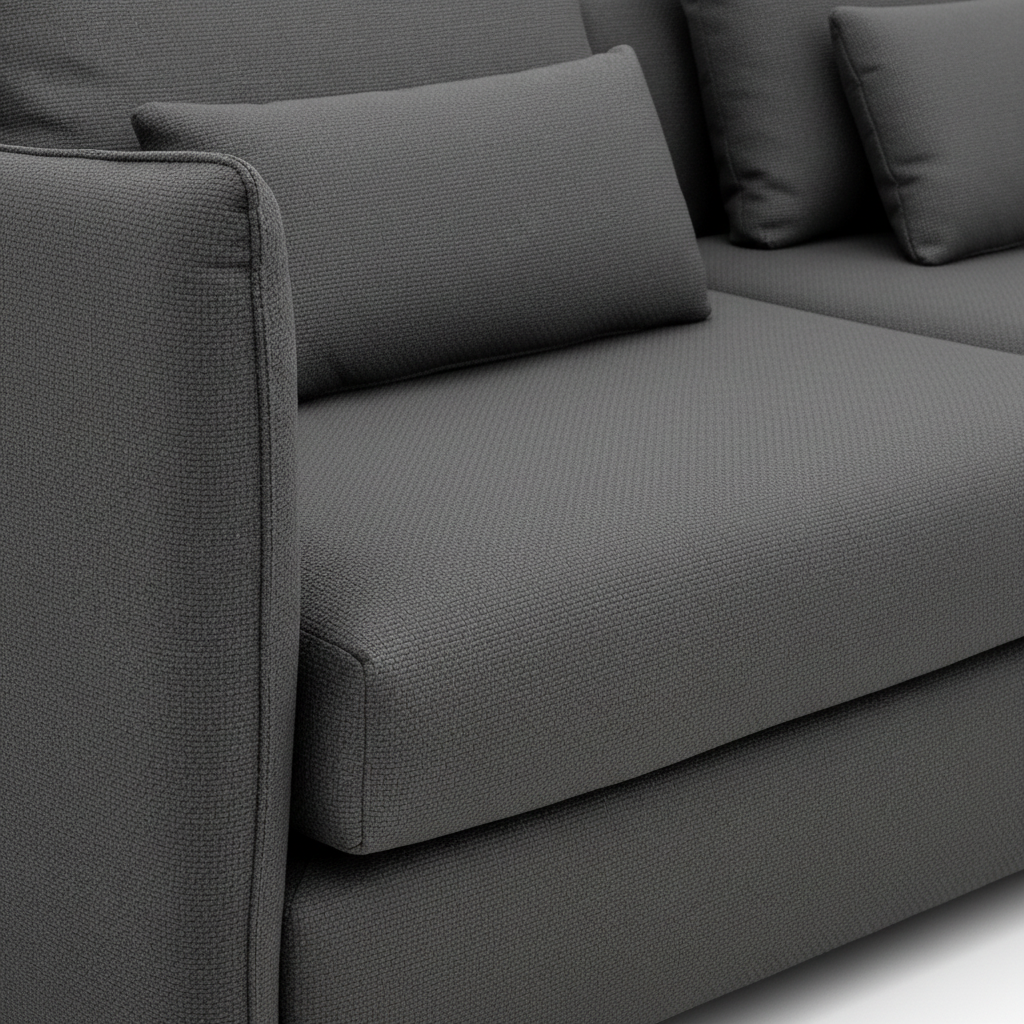 Caelis Sectional dark gray upholstery, seat seam, lumbar cushion, and fabric texture detail